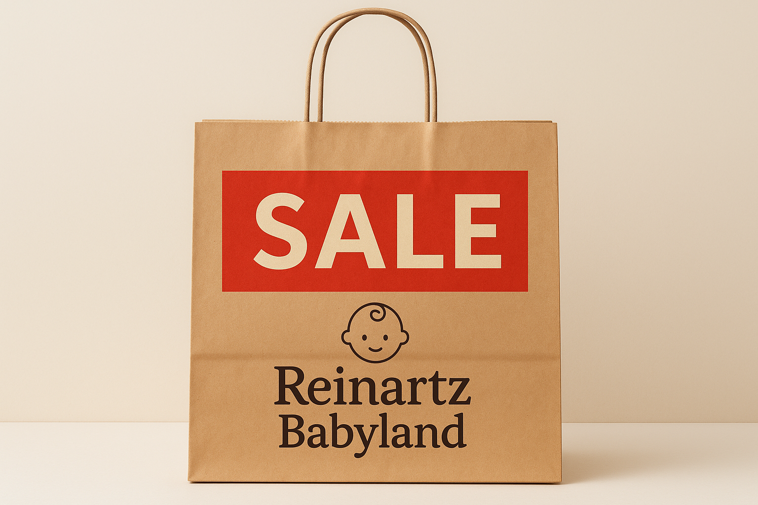 erstelle ein Bild passend zum Sale. Es soll eine große Einkaufstasche darstellen, auf der das Wort Sale zu sehen ist und das Reinartz Babyland logo zu finden ist. die Tüte soll braun sein, das SALE in weißer schrift auf rotem grund