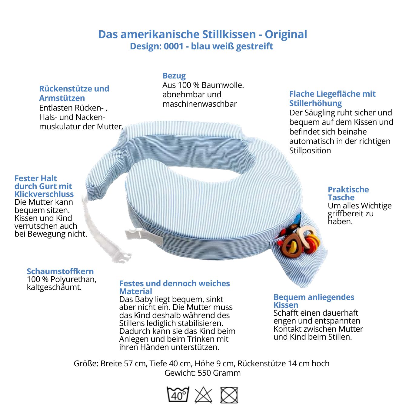 Amerikanisches Stillkissen, blau-weiß gestreift