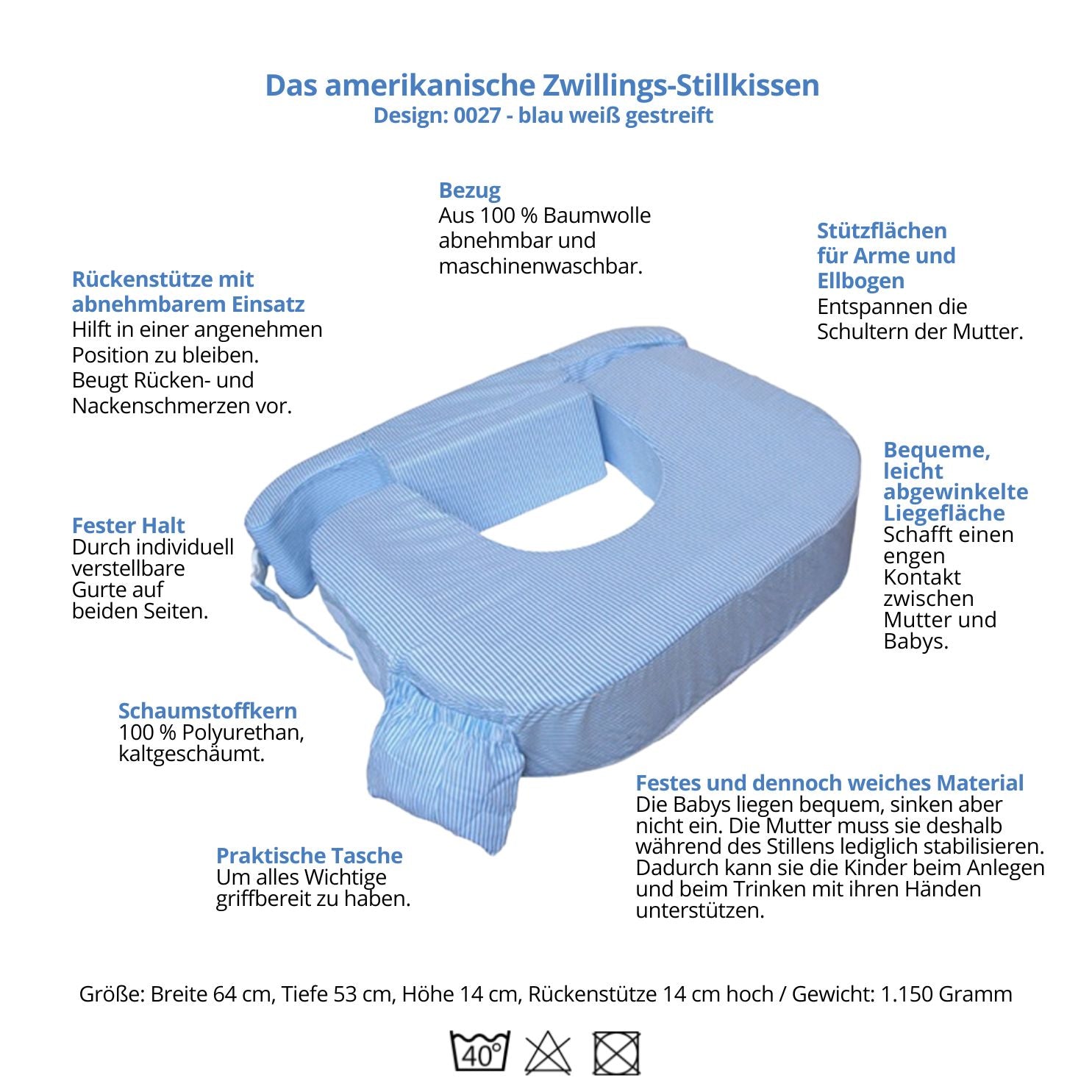 Amerikanisches Zwillings Stillkissen, blau
