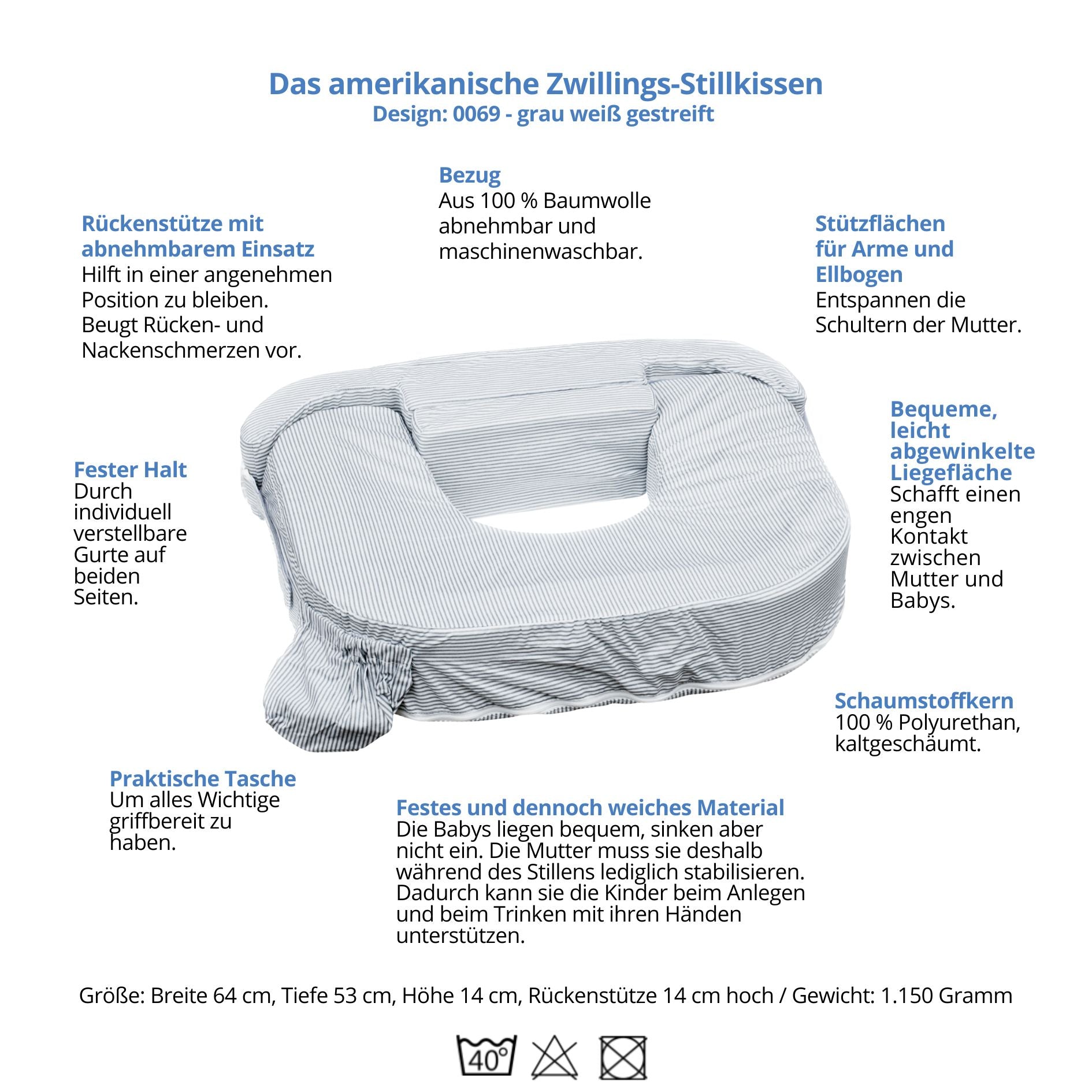Amerikanisches Zwillings Stillkissen, grau