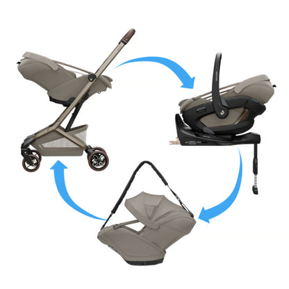 darstellung der verschiedenen Nutzungsmöglichkeiten der Coral Slide Pro. z.b. Auf der Isofix Base, mit Tragegurt oder auf dem Maxi Cosi Buggy Cabin