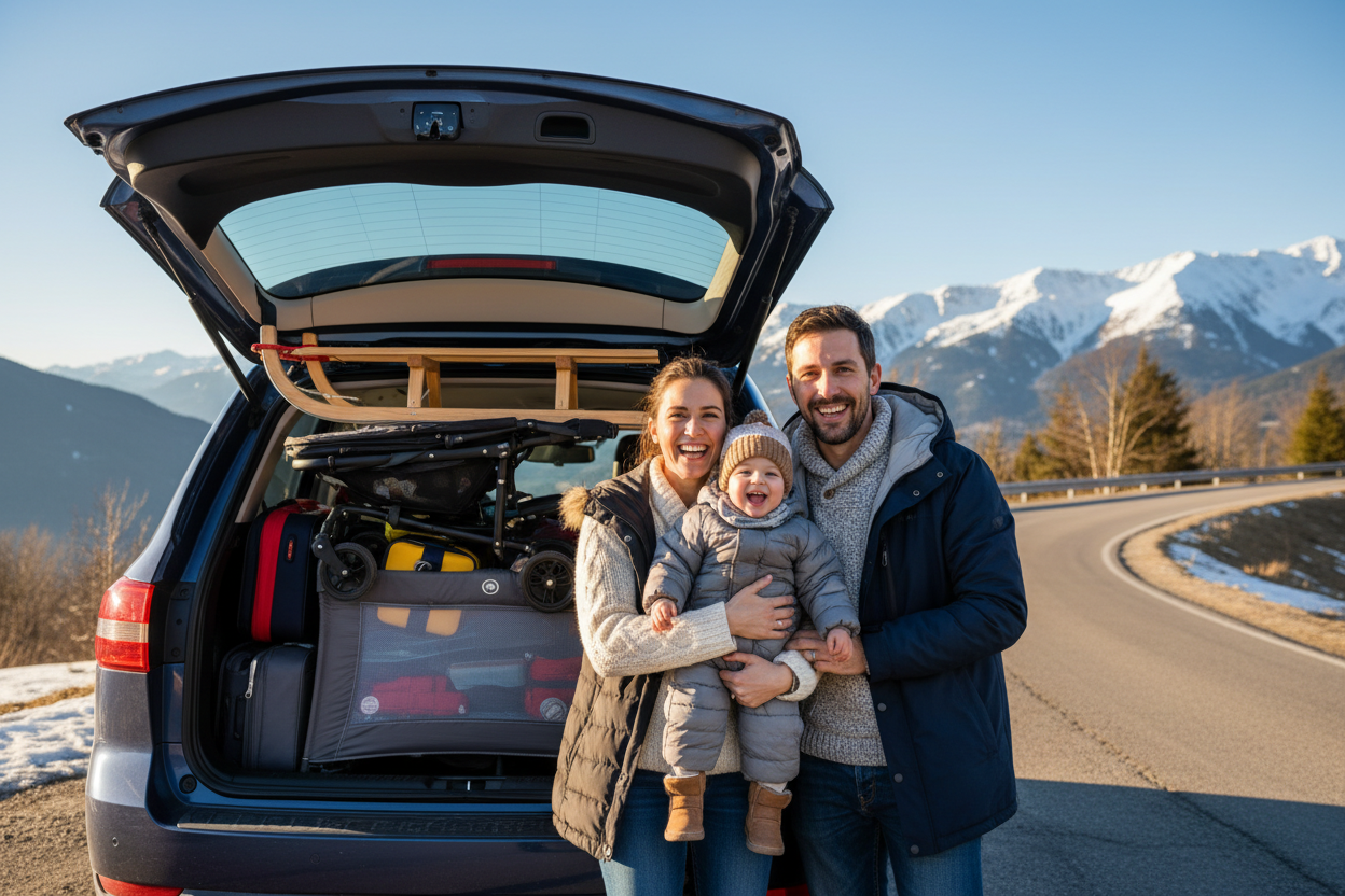 generiere ein bild einer Familie mit kind auf reisen in den winterurlaub. das kind ist ca. 1 jahr alt. die Familie steht vor einem auto mit geöffneter heckklappe. darin erkennbar ein gefalteter kinderwagen, ein gefaltetes Reisebett, taschen etc. das wetter ist sonnig. ein schlitten verrät, das es in den winterurlaub geht. das format soll für die slideshow desktop und ein weiters für slideshow mobil-bild geeignet sein